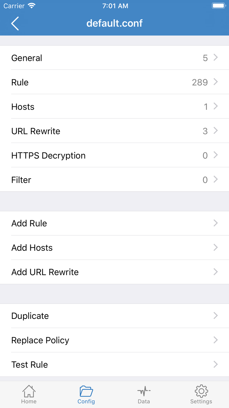 Shadowrocket Config editor showing General, Rule, Hosts, URL Rewrite, and HTTPS Decryption sections, with Add Rule