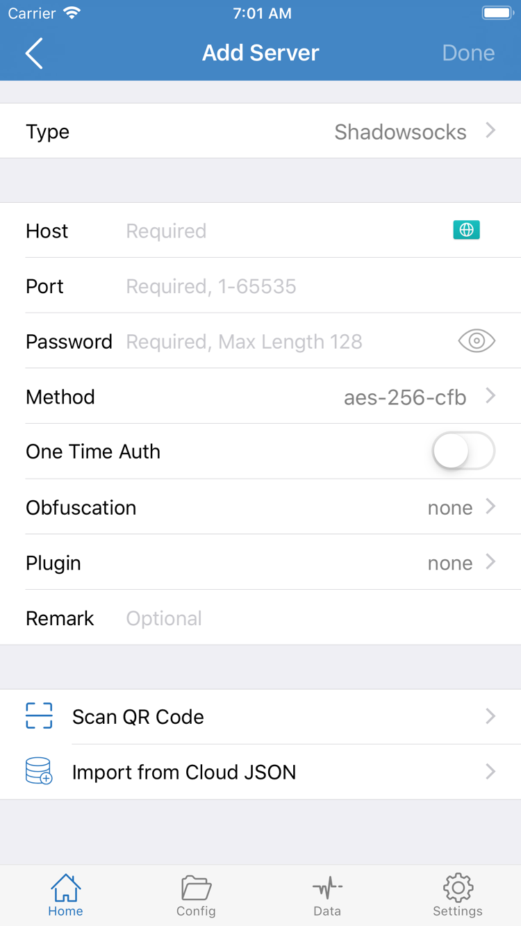 Shadowrocket Add Server screen showing Type, Host, Port, Password, and Method fields, with import options at the bottom