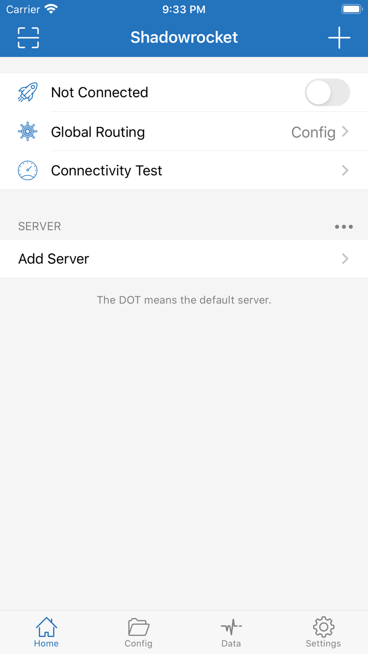 接続スイッチ、Global Routing、サーバー一覧を表示するShadowrocket公式Home画面
